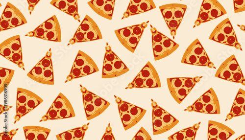 Repeating Pattern of Pepperoni Pizza Slices on Light Background Creating a Tasty, Lively, and Mouthwatering Visual Feast for Food Lovers Everywhere