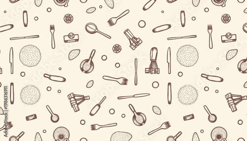 An Intricate Pattern of Kitchen Utensils and Baking Tools on a Light Background for Culinary Inspiration