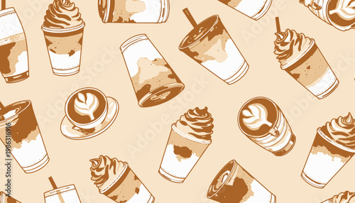 Seamless Pattern of Various Coffee Drinks Including Cappuccino, Latte, and Frappuccino with Whipped Cream on a Light Background
