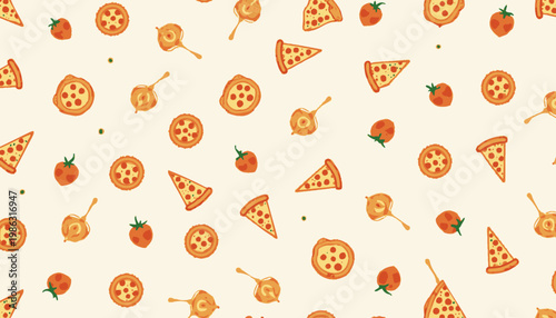 Seamless Pattern Featuring Pizza Slices, Tomatoes, Dumplings, and Peas on a Light Background for Fun and Whimsical Culinary Themed Design