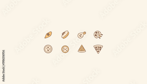 Vector Illustration of Various Food Items Including Avocado Toast, Pancake Stack, Cheese Wheel, Pizza Slices, and Sweet Desserts on a Light Background