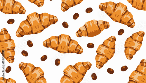 Seamless Pattern of Golden Brown Croissants and Coffee Beans on White Background for Breakfast-Themed Designs or Culinary Artworks