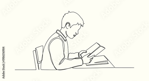 Continuous line drawing of a schoolboy sitting at a desk and reading a book for his home education.