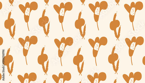 Seamless pattern featuring whimsical autumn leaves and wheat stalks in earthy tones creating a warm and rustic seasonal design ideal for textiles and decor
