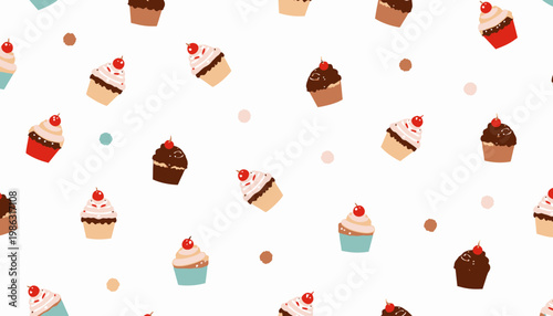 A delightful pattern of assorted cupcakes featuring various flavors and colorful frosting with cherries adorn a seamless white background, creating a whimsical dessert theme