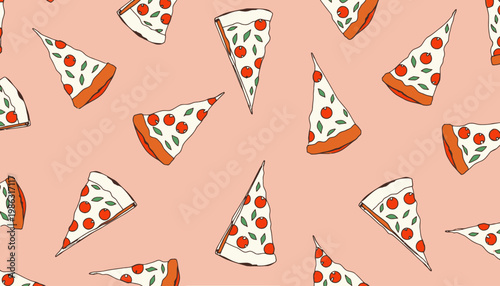 Playful Pattern of Pizza Slices with Tomatoes and Basil on a Soft Pink Background for a Whimsical Culinary Design