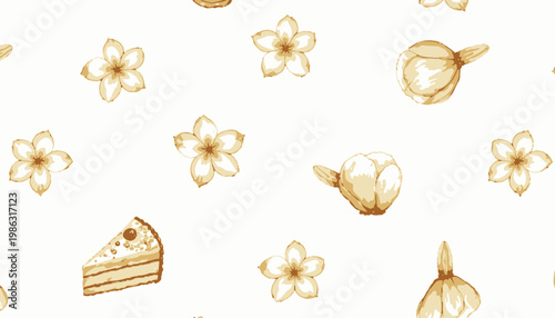 Elegant Floral and Dessert Pattern Featuring Delicate Cream Flowers and A Slice of Cake Set Against a Crisp White Background for a Charming Aesthetic