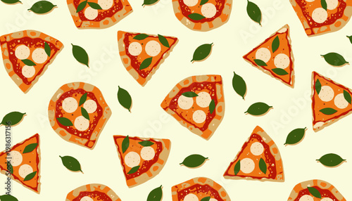 Seamless Pattern of Pizza Slices with Mozzarella and Basil on a Light Background Perfect for Italian Cuisine Lovers