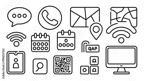 Professional Contact & Communication Line Icon Collection  Office, Address & Digital Info Symbols