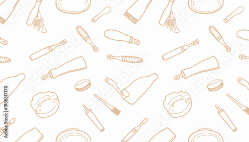 Seamless pattern of hand-drawn kitchen tools including bottles, brushes, and pastry cutters illustrating culinary equipment for a chef's toolkit
