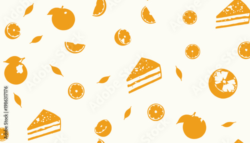 Seamless Pattern of Juicy Oranges, Citrusy Slices, Freshly Baked Cakes, and Green Leaves on a Soft Cream Background for Vibrant Kitchen Decor