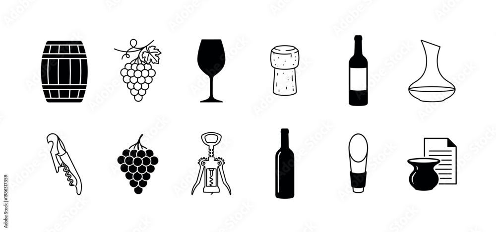 Obraz premium Collection of black and white wine icons, including a barrel, grapes, glass, bottle, cork, decanter, and corkscrews, presented in a clean, minimalist style