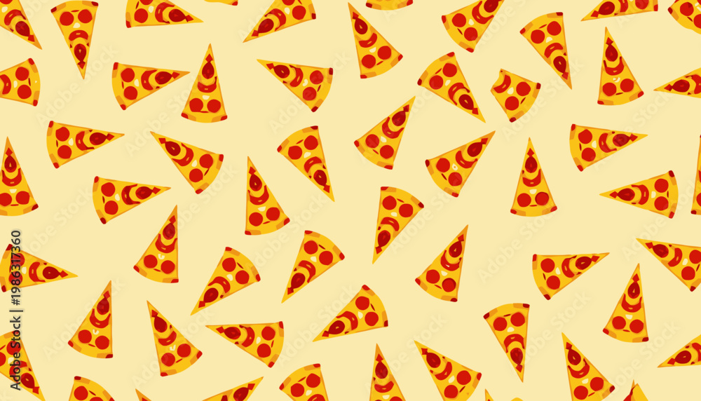 Fototapeta premium A Colorful Pattern of Multiple Pepperoni Pizza Slices Arranged Randomly Against a Light Background for a Fun and Playful Design