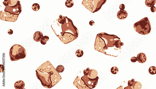 Seamless Pattern of Chocolate Topped Pastries with Assorted Berries on a White Background Creating a Delicious Dessert-Themed Textile Design