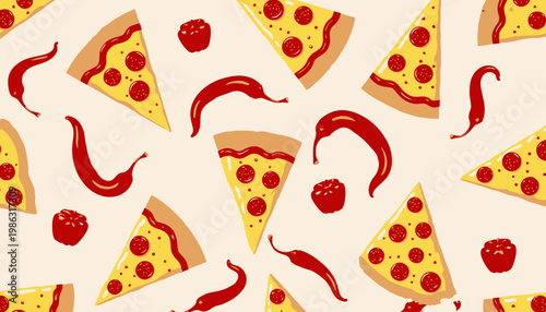 Seamless Pattern of Pepperoni Pizza Slices with Red Chili Peppers and Bell Peppers on Light Background