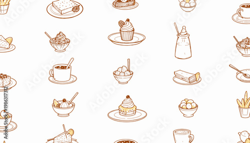 Illustrated Pattern of Various Dessert Items Including Cakes, Ice Cream, and Pastries on a White Background in Monochromatic Brown Tones