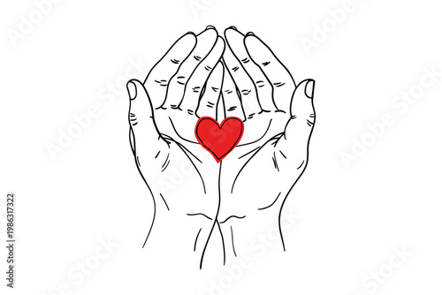 Cupped hands holding a red heart, line art drawing