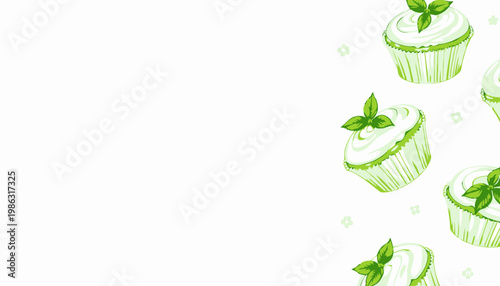 Illustration of vanilla cupcakes with white frosting and mint leaves arranged on a white background, emphasizing the refreshing and elegant cupcake design.