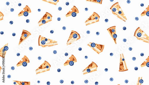 Illustration of a playful pattern featuring sliced apple pie and whole blueberries scattered on a white background creating a vibrant and tasty visual feast