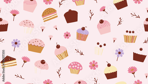 Seamless Pattern of Whimsical Cupcakes and Colorful Flowers on a Soft Pink Background for Dessert-Themed Design