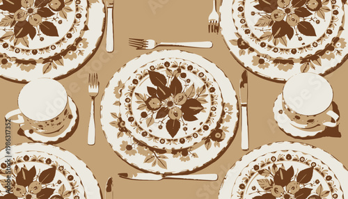 Colorful Floral Dinnerware Set with Plates and Cups Arranged on Table with Utensils Showcasing Artistic Design and Vibrant Patterns