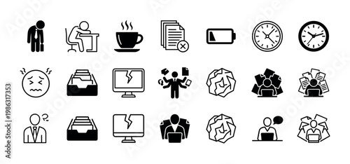 Various black and white business and office icons illustrate concepts of stress, burnout, heavy workload, and time management in a modern, clean graphic style