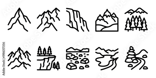 This collection of ten minimalist nature icons depicts various outdoor landscapes and elements, including mountains, waterfalls, forests, rivers, rocks, and cairns, rendered in a clean,line art style