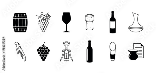Collection of black and white wine icons, including a barrel, grapes, glass, bottle, cork, decanter, and corkscrews, presented in a clean, minimalist style