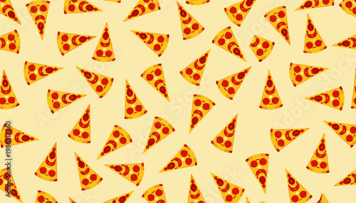 A Colorful Pattern of Multiple Pepperoni Pizza Slices Arranged Randomly Against a Light Background for a Fun and Playful Design