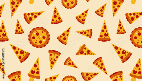 Vibrant pattern of varied pepperoni pizza slices and whole pizzas on a light background, emphasizing the deliciousness and variety of classic pizza toppings