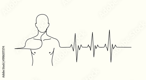 Continuous line drawing of a human male torso with heart rate rhythm and ECG pulse wave illustration