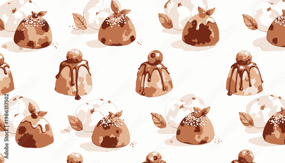Fototapeta premium Watercolor Illustration of Assorted Chocolate Truffles Adorned with Berries and Leaves on a Seamless White Background for Confectionary Art Inspiration