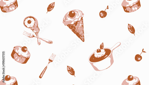 Assorted Dessert Pattern Featuring Ice Cream Cones, Cupcakes, Pudding and Cherries, Artfully Arranged with Forks and Leaves on a White Background
