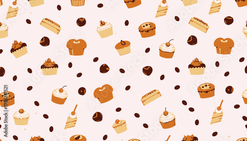 Colorful Seamless Pattern of Sweet Cupcakes and Pastries on a Delicate Cream Background with Scattered Coffee Beans and Elegant Desserts Illustrations