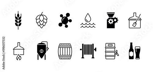 Twelve black and white icons illustrating the beer brewing process from raw ingredients to the final beverage, showcasing various stages and equipment