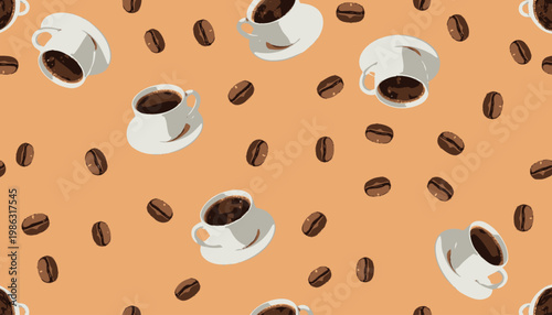 Seamless Pattern Featuring Coffee Cups and Whole Beans on a Warm Brown Background with Repetitive Elements Creating a Cozy, Caffeinated Vibe