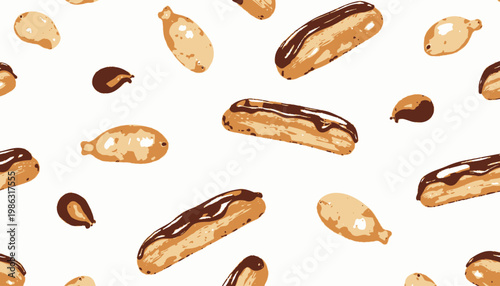 Seamless Pattern of Glossy Chocolate Eclairs and Cream Puffs Artfully Scattered on a Whimsical White Background Perfect for Dessert-Themed Designs