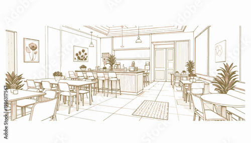 Modern minimalist cafe interior with clean lines, light color palette, and stylish furniture creating a serene and inviting atmosphere for relaxed dining and socializing