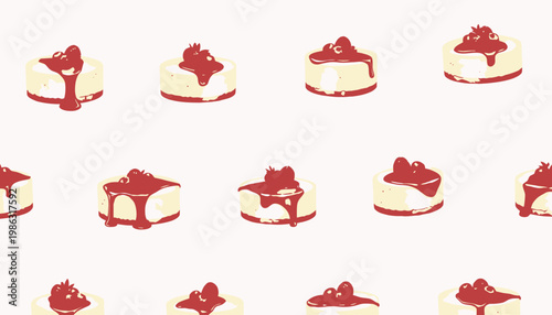 Illustration of Individual Cheesecakes with Various Berry Toppings and Drizzling Red Sauce Pattern on a Light Background