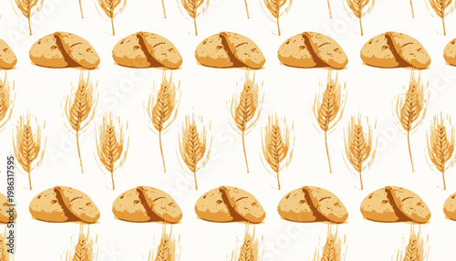 Golden Crusty Bread Loaves with Sliced Halves and Wheat Ears Pattern on a White Background Showcasing the Essence of Artisan Baking and Natural Ingredients