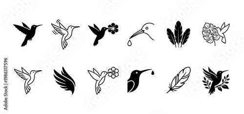 Diverse collection of minimalist hummingbird icons and tropical nature elements, featuring flying birds, feathers, and leaves in a clean graphic style, presented with both solid and outline designs