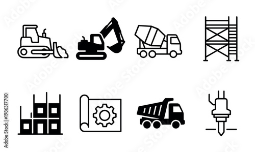 Black construction and building industry icons set featuring heavy machinery like a bulldozer, excavator, and dump truck for engineering and development projects