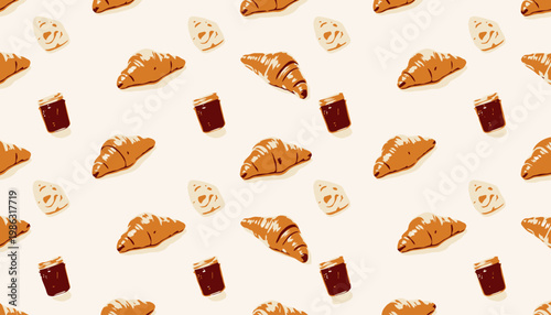 Seamless Pattern Featuring Freshly Baked Croissants Arranged Artfully with Jars of Sweet Jam and Cheese Slices on a Light Background