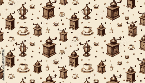 Vintage Coffee Grinders and Cups Seamless Pattern with Rustic Charm and Antique Aesthetic Featuring Assorted Grinder Designs and Coffee-related Elements