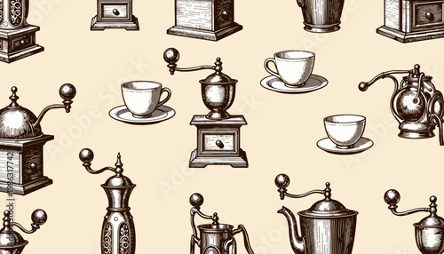 Vintage Coffee and Tea Equipment Pattern Featuring Hand-Drawn Grinders, Teapots, And Cups on a Neutral Background