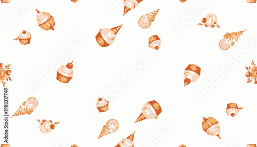 Seamless Sweet Treats Pattern Featuring Assorted Cupcakes and Cones with Delicate Pink Frosting and Cherries on a Bright White Background