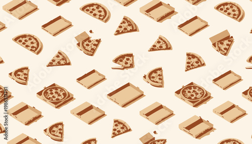 An Array of Pizza Slices and Boxes Patterned Across a Light Background Showcasing Various Stages of Enjoyment from Freshly Baked to Ready for Delivery