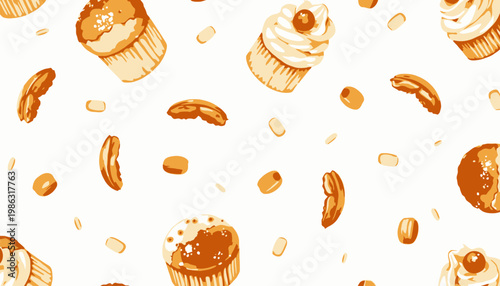 Seamless Pattern of Cupcakes Macarons and Pastries with Whipped Cream and Cherries Against a White Background for Delicious Bakery or Dessert-Themed Designs