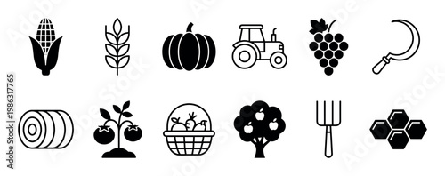 Collection of agriculture and farming icons, featuring various crops, tools, and machinery, presented in a clean, graphic, black and white style