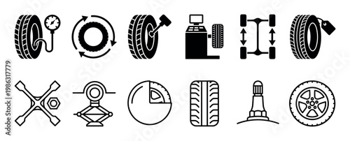 Comprehensive collection of car tire and automotive service icons, illustrating various aspects of vehicle maintenance, repair, and road safety in a clean, modern, black and white graphic style